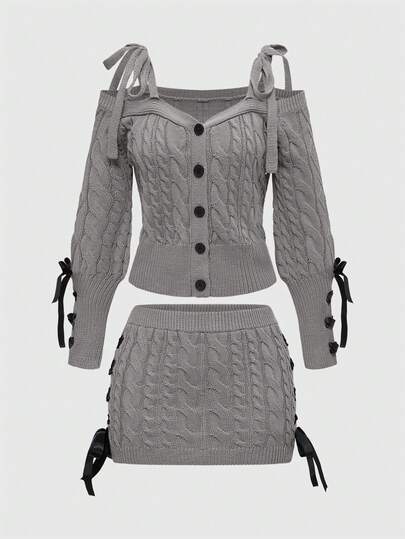 Kawaii Women's Casual V-Neck Bow Tie Drawstring Single-Breasted Lantern Sleeve Knit Sweater + Criss-Cross Strap A-Line Skirt 2-Piece Set