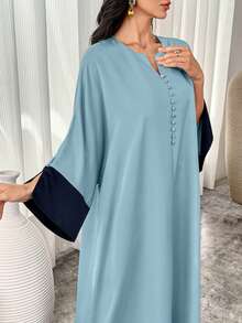 Al Najma 女式 V 领撞色喇叭袖阿拉伯长裙，端庄优雅的全罩式长裙，适合日常休闲/节日/晚会/婚礼宾客 - 藍色 - 查看 6