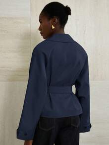 Aveloria Modichic Women's Classic Large Lapel Design Waist Belt Adjustable Waistline Minimalist Trench Coat - Navy Blue - View 2