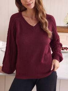 EMERY ROSE Elegant Burgundy Raglan Sleeve Solid Color V-Neck Long Sleeve Knit Pullover Sweater, Suitable For Commuting In Autumn/Winter - Burgundy - View 3