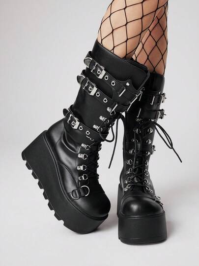 Grunge Punk بوت جلد جديد لخريف/شتاء 2025 بتصميم بانك بأصبع مستدير وسميك الأربطة والنعل، بوت أنيق للخارج يصل إلى منتصف الساق