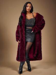 Radiana 优雅酒红色仿皮草长款外套，配腰带，保暖滑雪服外套，柔软蓬松的皮草大衣，适合秋冬季节；适合约会、聚会、派对、夜店、夜生活、圣诞节、新年、宴会、舞会、节日、派对；盛大晚宴；毕业舞会礼服 - 酒紅色 - 查看 4