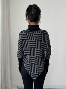 Elenzga Women's Elegant High Neck Geometric Textured Poncho Sweater, Colorblock, Suitable For Home & Travel, Spring/Autumn