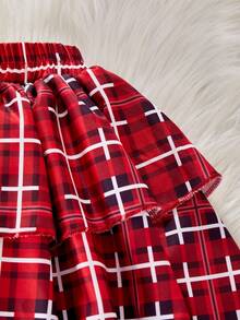 2pcs Girls Elegant Red Collar Puff Sleeve T-Shirt & Plaid Skirt Set - Red - View 4