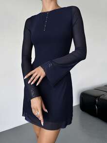 Firerie 女士优雅性感迷你裙，橄榄绿色船领喇叭袖腰部收紧 A 字迷你连衣裙 - 藏蓝色 - 查看 4