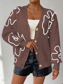 Chiquease Women's Floral Pattern Drop Shoulder Long Sleeve Casual Knit Cardigan, Autumn/Winter - Maroon - View 6