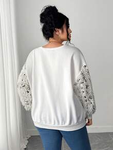 Elenzga Sudadera de cuello redondo de manga larga con parches de lentejuelas de moda informal para mujer de talla grande