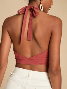 Travachic 度假风纯色编织露背短款女式上衣，系带露背设计，适合夏季海滩、休闲、优雅外出场合，蝴蝶结装饰，锈棕色，露背款式，也适合圣诞节、新年、感恩节等节日穿着，时尚优雅。 - 鏽棕色 - 查看 2