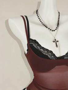 SHEIN ICON 女式红色透明吊带背心，搭配黑色蕾丝细肩带文胸，两件套 - 彩色 - 查看 4