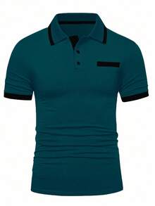 Manfinity Homme 男士休闲撞色袖口纽扣半开襟Polo衫，蓝绿色男士Polo衫，男士T领T恤，男士高尔夫球衫，男士Polo衫，绿松石色Polo衫 - 水鴨藍 - 查看 3