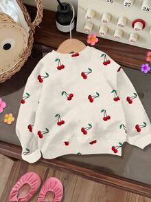 SHEIN Áo sweatshirt dài tay cổ tròn dáng rộng thoải mái màu trắng kem hiệu Happikins dành cho bé gái, phù hợp cho mùa thu/đông và mùa hè, dễ chịu, có thể mặc nhiều lớp vào mùa thu, thời trang, phong cách thường ngày, họa tiết bắt mắt, thích hợp cho mùa tựu trường, mùa thu, lễ hội trường, áo sweatshirt họa tiết quả anh đào cho bé gái, áo len họa tiết quả anh đào cho mùa thu. - Nhiều màu - Xem 2