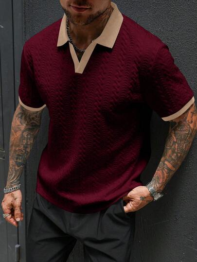 Manfinity Homme Men's Contrast Color Short Sleeve Casual Commuter Polo Shirt Mens Knit Shirt Men Buttoned Knitted Polo Short Sleeve Mens Maroon And White Shirt Men Burgundy Mens Shirt  Old Money,Daily Leisure, Weekend Trips, Outdoor Activities, Travel Expeditions, Relaxed Work Environments Or Semi-Formal Occasions,Boyfriend/Husband Gift, Anniversary Gift Christmas Outfits