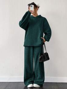 SHEIN EZwear 橄榄绿色连帽衫和运动裤两件套，加大码 - 墨綠色 - 查看 5