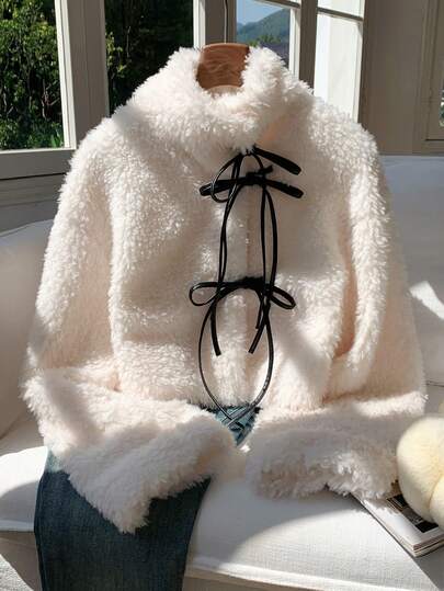 Comfortcana Women's Casual Commuter Contrast Color Knot Front Faux Fur Jacket, Autumn/Winter