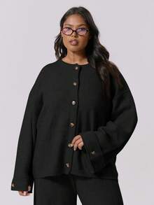 MUSERA Plus Size Boxy Fit Cuff Detail Button Down Fluffy Knit Cardigan Cute Sexy Streetwear Night Out Curve Spring Sweater - Black - View 1