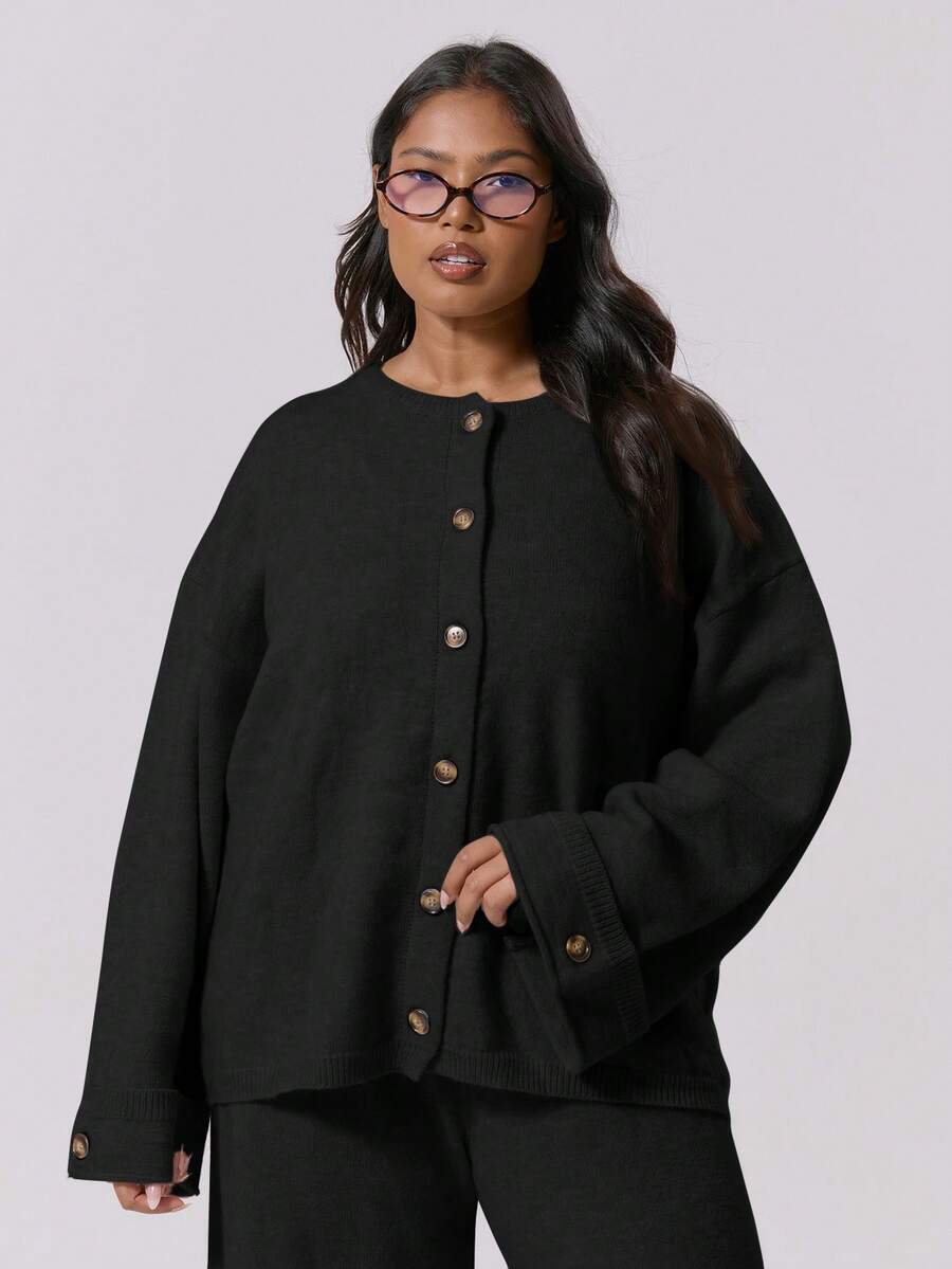 MUSERA Plus Size Boxy Fit Cuff Detail Button Down Fluffy Knit Cardigan Cute Sexy Streetwear Night Out Curve Spring Sweater - Black - View 1