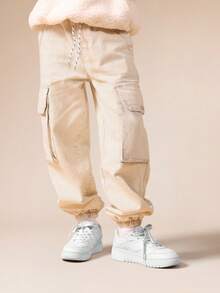 SUMWON Tween Boys Cargo Pants Beige Casual Streetwear Loose Fit Drawstring Cotton Pockets