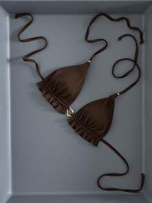 Swim Mod 纯色纹理荷叶边系带优雅可拆卸三角比基尼上衣，简约风格，适合海滩度假，春夏穿着 - 棕色 - 查看 5