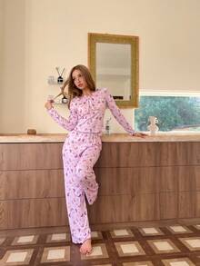 SHEIN ZzzCrew Set pigiama da donna con top a maniche lunghe con colletto arricciato e stampa farfalla a costine viola e pantaloni, set di pigiami rosa a due pezzi, abbigliamento invernale