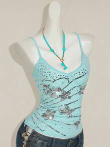 SHEIN ICON Y2K 花卉串珠刺绣不对称下摆女式蓝色串珠刺绣吊带背心，修身性感夏季外套 - 淺藍色 - 查看 8