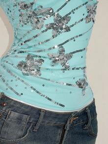 SHEIN ICON Y2K 花卉串珠刺绣不对称下摆女式蓝色串珠刺绣吊带背心，修身性感夏季外套 - 淺藍色 - 查看 10