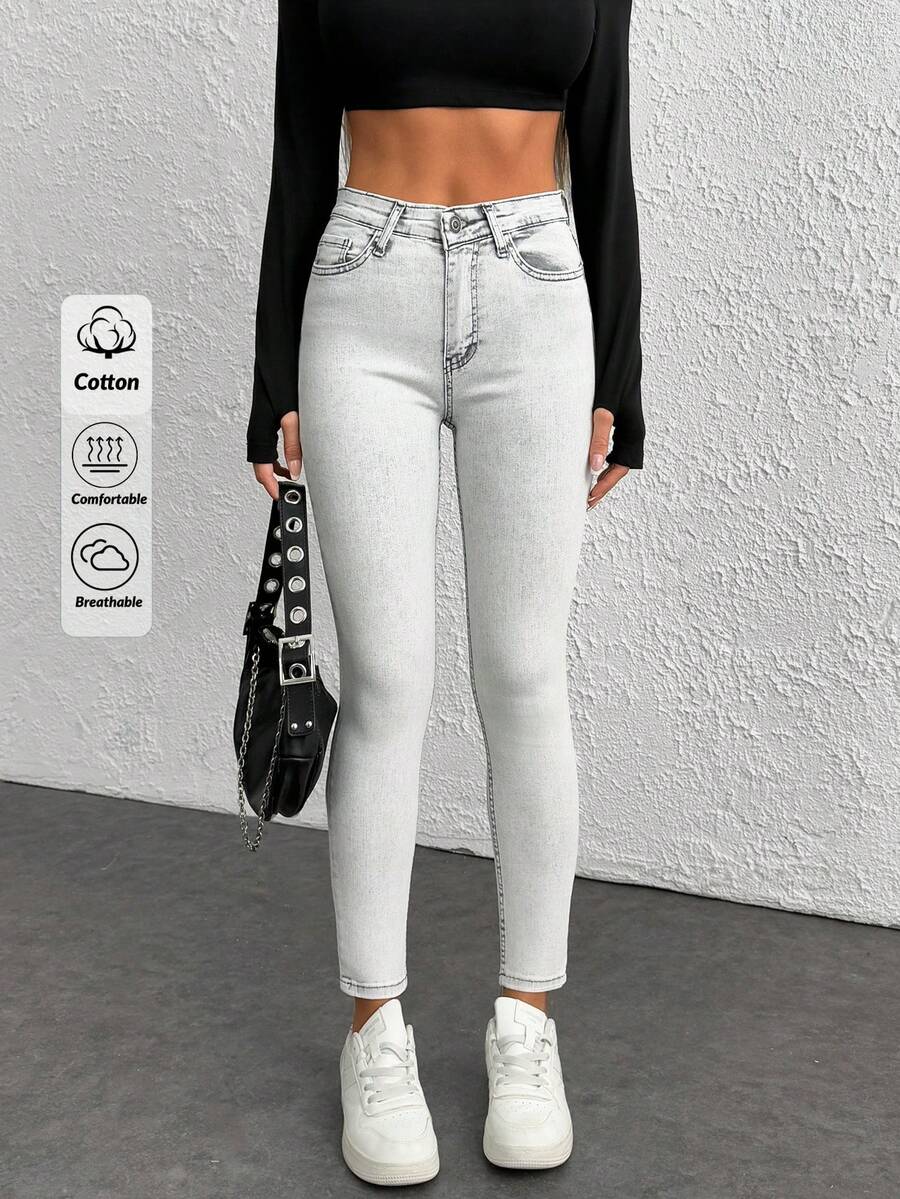 EURMUSE Quần Jeans Denim Thường Ngày Có Nút Túi Phía Trước Cho Nữ, Mặc Hàng Ngày - Màu Xám nhạt - Xem 1