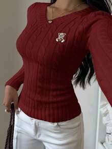 SHEIN EZwear 女士休闲通勤刺绣图案粗针织修身毛衣，秋冬 - 酒紅色 - 查看 4