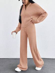 EURMUSE Drop Shoulder Zip Up Cardigan & Knit Pants ,Petite Women - Dusty Pink - View 3