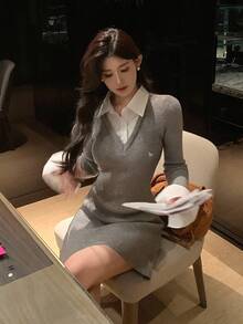 DAZY Women's 2 In 1 Contrast Color Korean Cartoon Embroidery Mid-Length Sweater Dress, Autumn/Winter