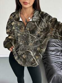 INAWLY 女士大码运动衫/半拉链休闲圆领运动上衣/全身树叶印花/数码印花/超宽松女士大码运动上衣/秋冬款 - 彩色 - 查看 1