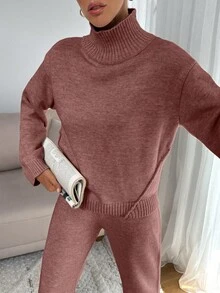 SHEIN Tall Women Relaxed Fit Turtle-Neck Sweater With Rib Knit Detailed And Straight Knit Pant Set, Tall Women - Dusty Pink - View 4