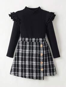 Maija Kids 年轻女孩黑色针织盖袖T恤和黑白格子裙休闲两件套 - 黑與白 - 查看 3