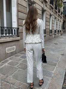 Chiquease 2件套女士波尔卡圆点套装，长袖套装，秋季 - 白色 - 查看 2