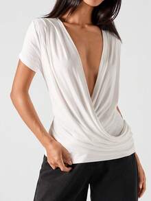 LYSMO Women's Fashionable Solid Color Sexy Deep V-Neck Ruched Short Sleeve T-Shirt,White Shirt - White - View 4