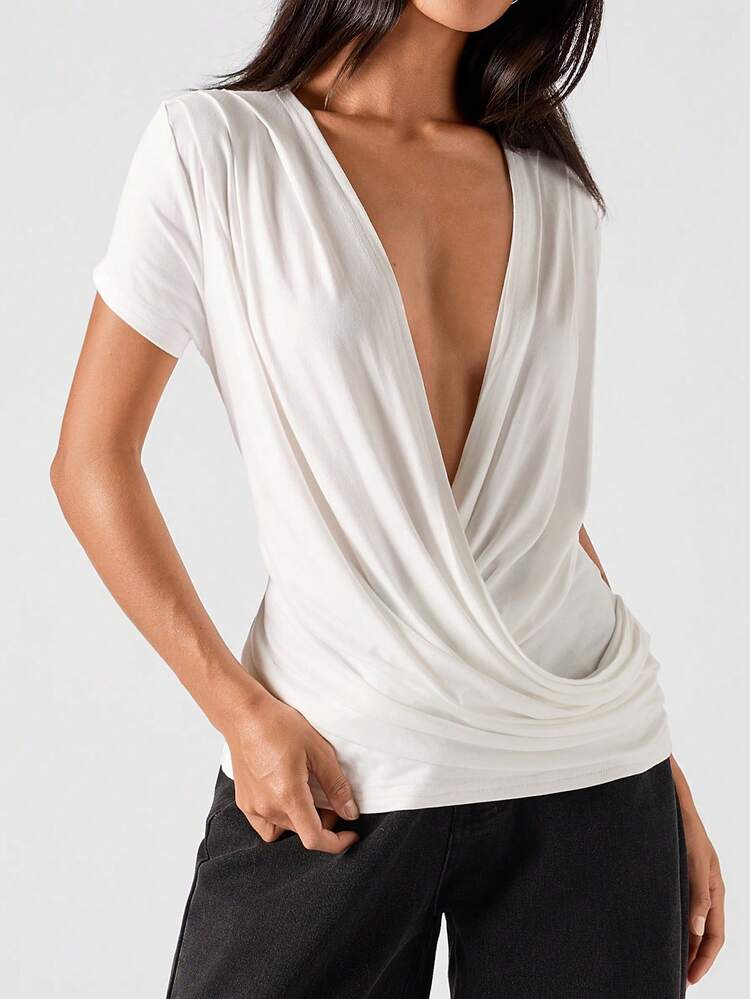 LYSMO T-shirt court à manches courtes, col V profond sexy et plissé, couleur unie pour femmes - Blanc - Voir 4