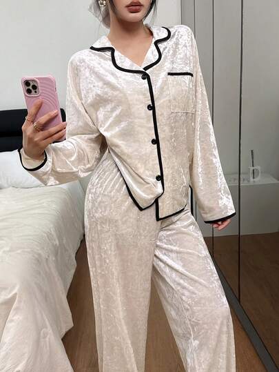 Dream Adore 女士杏色纯色天鹅绒领长袖睡衣套装，秋冬季服装