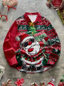 AXEPEAK Áo sơ mi nam in hình ông già Noel cài nút phía trước, mặc thường ngày, mùa thu - Nhiều màu - Xem 1