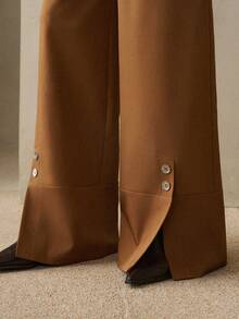 EMERY ROSE Quần vải dệt nút trang trí xếp ly cho nữ, thiết kế đơn giản, thanh lịch, quyến rũ, tinh tế, cổ điển, màu cà phê, mùa thu - Cà phê nâu - Xem 6