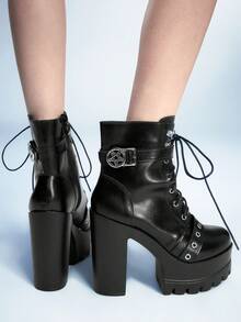 Sugerpunk 女式哥特式金属扣圆头厚底粗跟朋克靴，PU 皮革黑色高跟靴，适合派对、日常穿着、晚礼服，增高修腿 - 黑色 - 查看 5