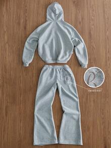 TOKVUE Men's Winter Elastic Solid Color Street Style Gray Sports Suit, Embroidered Details, Men's Sportswear, Men's 2 Pieces Sportswear Set - Light Grey - View 5