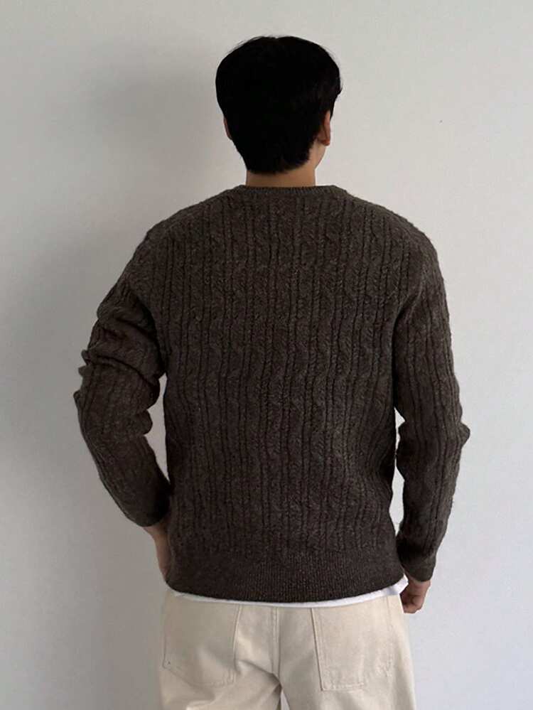 Brown Vintage Cable Design Crew Neck Sweater For Men, Commuter Style, Autumn