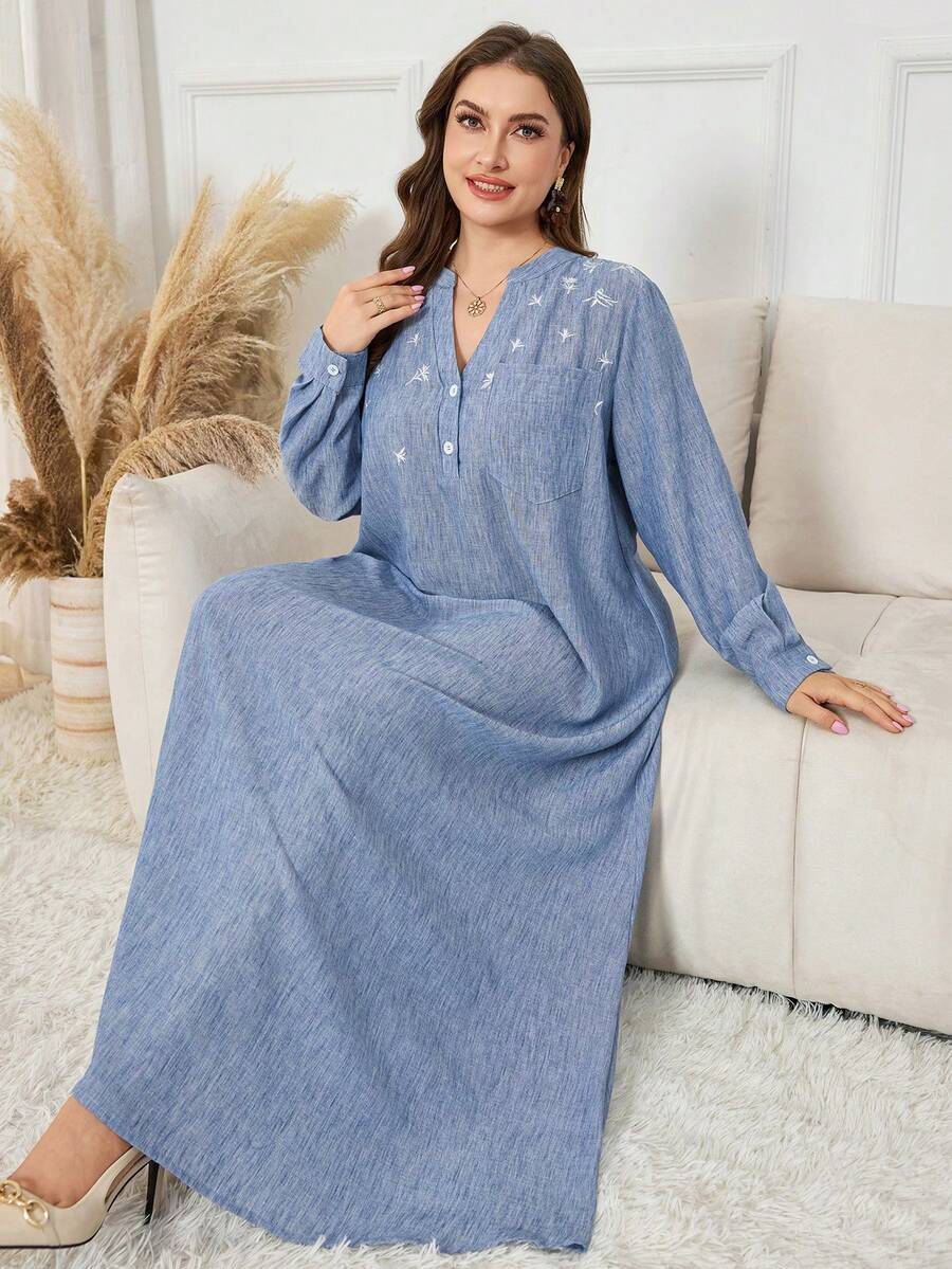 Modelyn Vestido casual de otoño con cuello con muesca bordado para tallas grandes - Azul - Ver 1