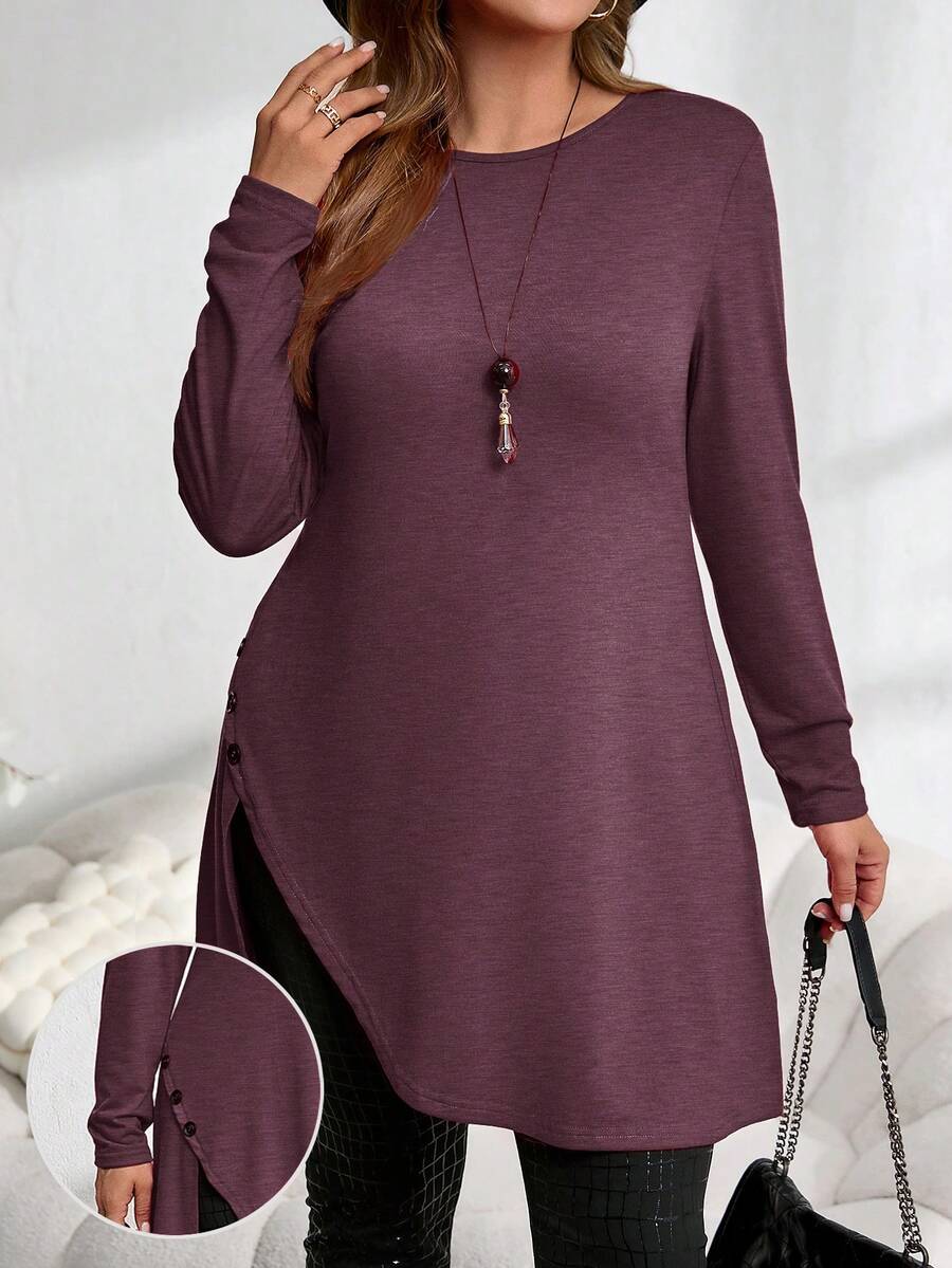 EMERY ROSE Plus Size Red Asymmetrical Hem Button Down Long Tee,Fall Women Clothes - Burgundy - View 1