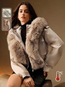 Anewsta 女式秋冬长袖短款仿毛领开衫 - 駝色 - 查看 3