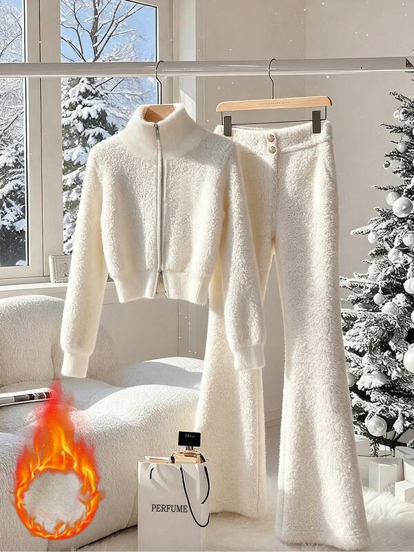 GlowEve Conjunto de 2 piezas de chaqueta de manga larga con cuello alto y parches de tela de terciopelo, y pantalones acampanados casuales para mujer, otoño/invierno