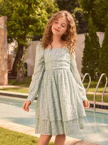 Váy suông cổ tròn tay phồng họa tiết gingham dành cho bé gái tuổi teen, thích hợp cho các buổi đi chơi, tiệc tùng và kỳ nghỉ - Màu xanh nhạt - Xem 1