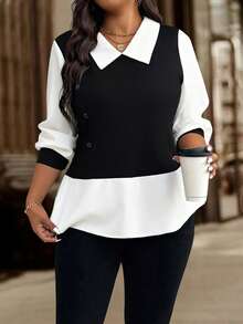 EMERY ROSE 大码女式度假休闲撞色翻领长袖纽扣设计衬衫 - 黑與白 - 查看 3
