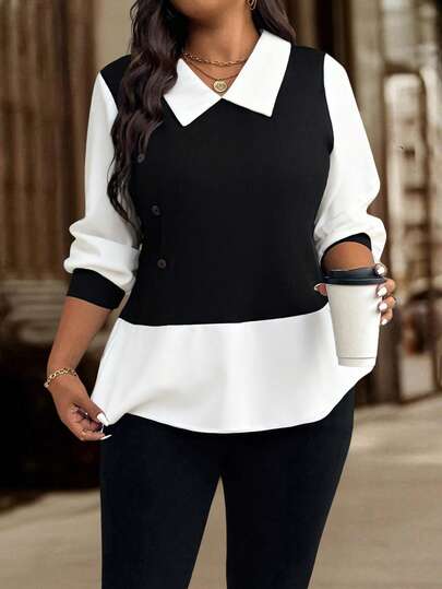 EMERY ROSE Blusa de Botão com Design de Manga Longa, Gola Contraste e Casual para Férias, Plus Size para Mulheres