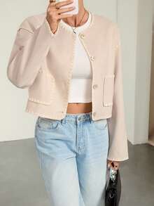 SHEIN Tall 女士圆领夹克，刺绣撞色边缘夹克，休闲街头风格女士夹克，办公室服装 - 杏色 - 查看 6