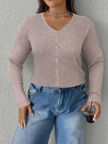 SHEIN EZwear 加大码轻质针织空调开衫 - 卡其色 - 查看 4